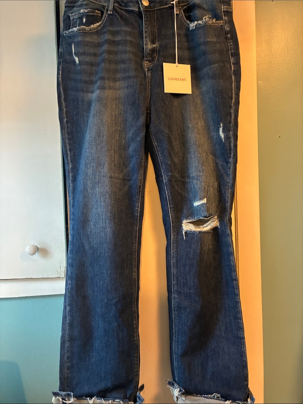 Lovervet Women's Dark Blue Distressed Wide-Leg Jeans